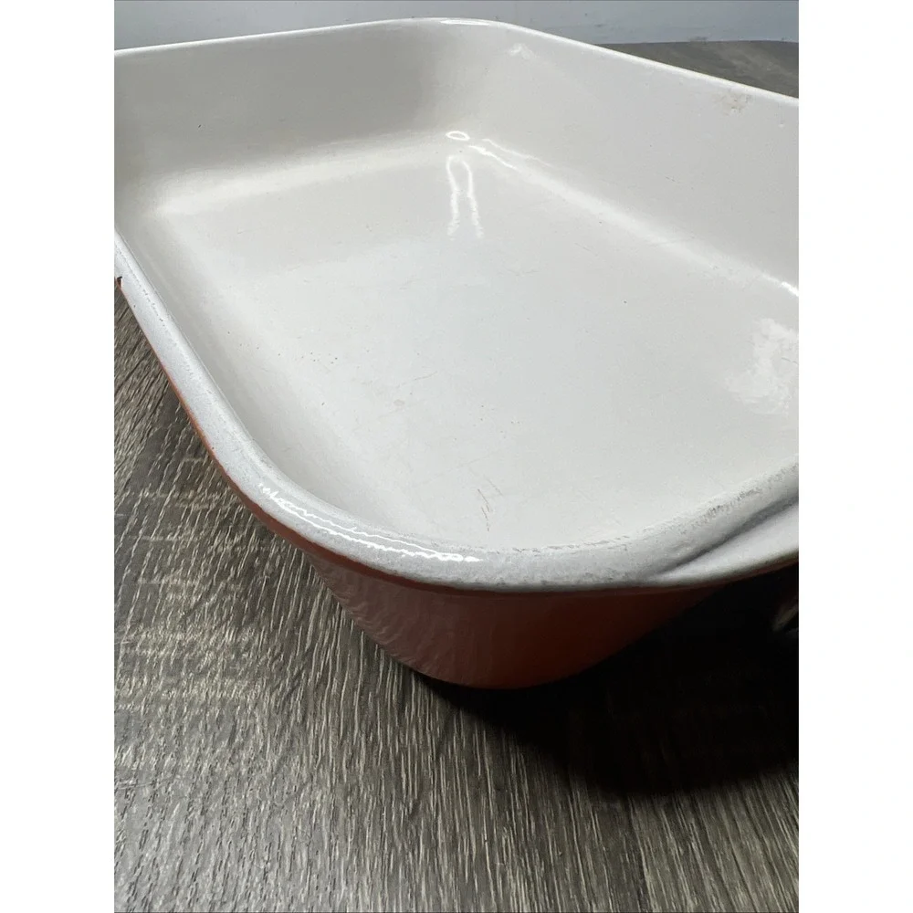 VTG Le Creuset France Orange Casserole Lasagna Pan Enameled Bail Handles Large - Picture 15 of 16